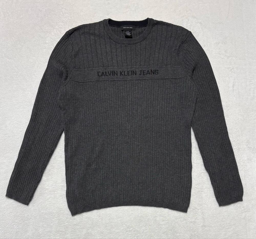 Calvin Klein Jeans Sweater Mens XL Gray 100% Cotton Crewneck Knit Pullover